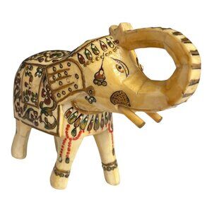 VTG Hand-Painted Faux Bone Elephant Figurine – 7” Carved Sculpture with Floral D